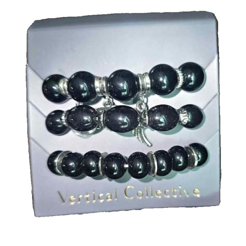 Vertical Collective Black Beaded Bracelet Set with Charms - NEW IN BOX
